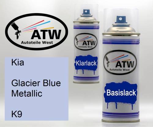 Kia, Glacier Blue Metallic, K9: 400ml Sprühdose + 400ml Klarlack - Set, von ATW Autoteile West.